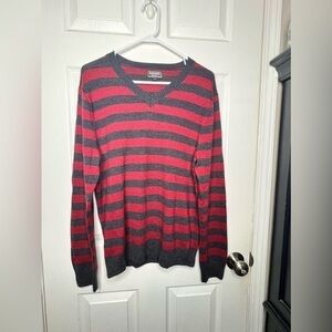 Vtg Express Men’s Medium Modern Fit Gray Red Stripe Knit Wool V-Neck Sweater M
